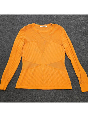 Uterque Mustard Yellow Open Knit Sweater L Pointelle Mesh Long Sleeve Inditex